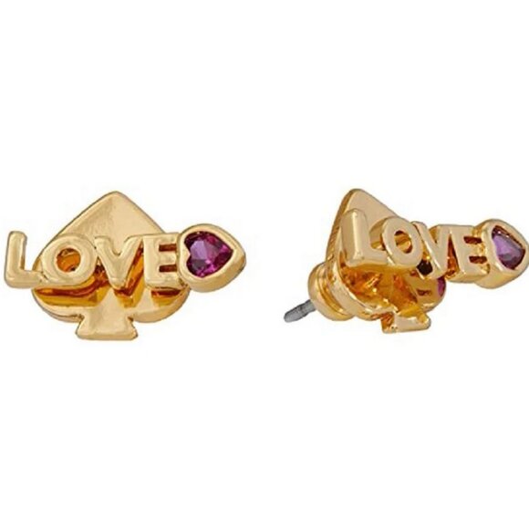 Kate Spade Love & Heart Stud Earrings Ruby Red Gold Tone Mini Studs Jewelry Gift - Picture 1 of 5